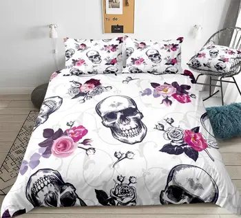 

Skull Bedding Set Floral Skull Duvet Cover Set Black White Background Beds Set Retro Skull Christmas Skull Home Textiles Bedset