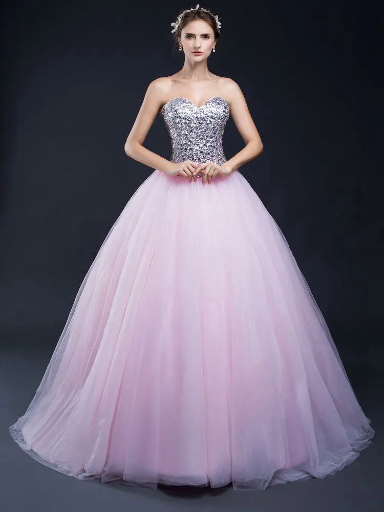

Elegant Girls' Pink Beaded Quinceanera Dress Ball Gown Sequins Sweetheart Plus Size Prom Dresses Long Formal Party Dress