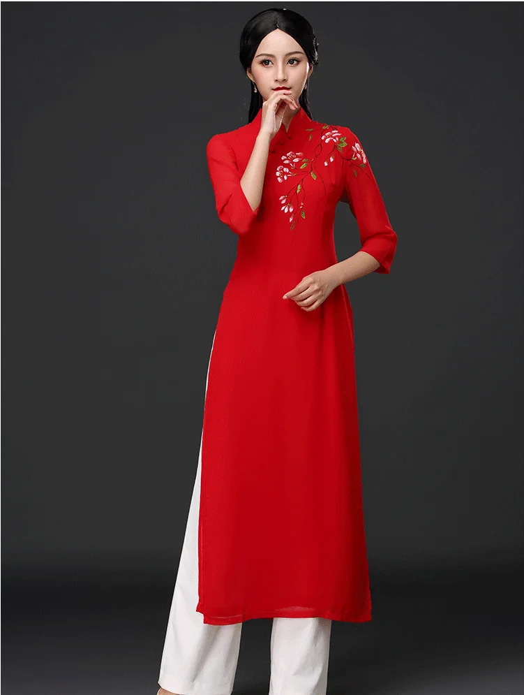 Вьетнамское традиционное китайское платье Ципао, китайское платье Ципао, платья Ципао, хлопковое белье, халат Chinoise Aodai, костюм из 2 предметов