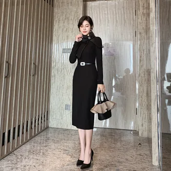 

Spring High End Women Dresses Stand Collar Long Sleeve Bow Knitting Dress Black Office Bandage Vintage Party Wrap Dress Vestidos