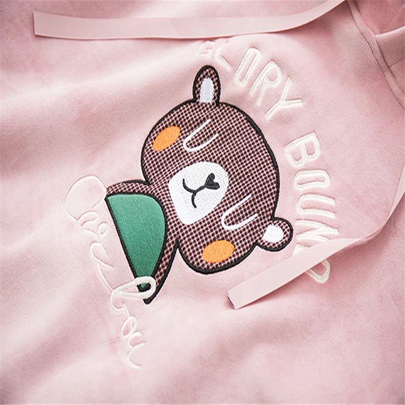 Harajuku кавайный мультяшный медведь вышивка Кофты для женщин зима плюс бархат теплый сладкий розовый толстовки для девочек с ушками на капюшоне