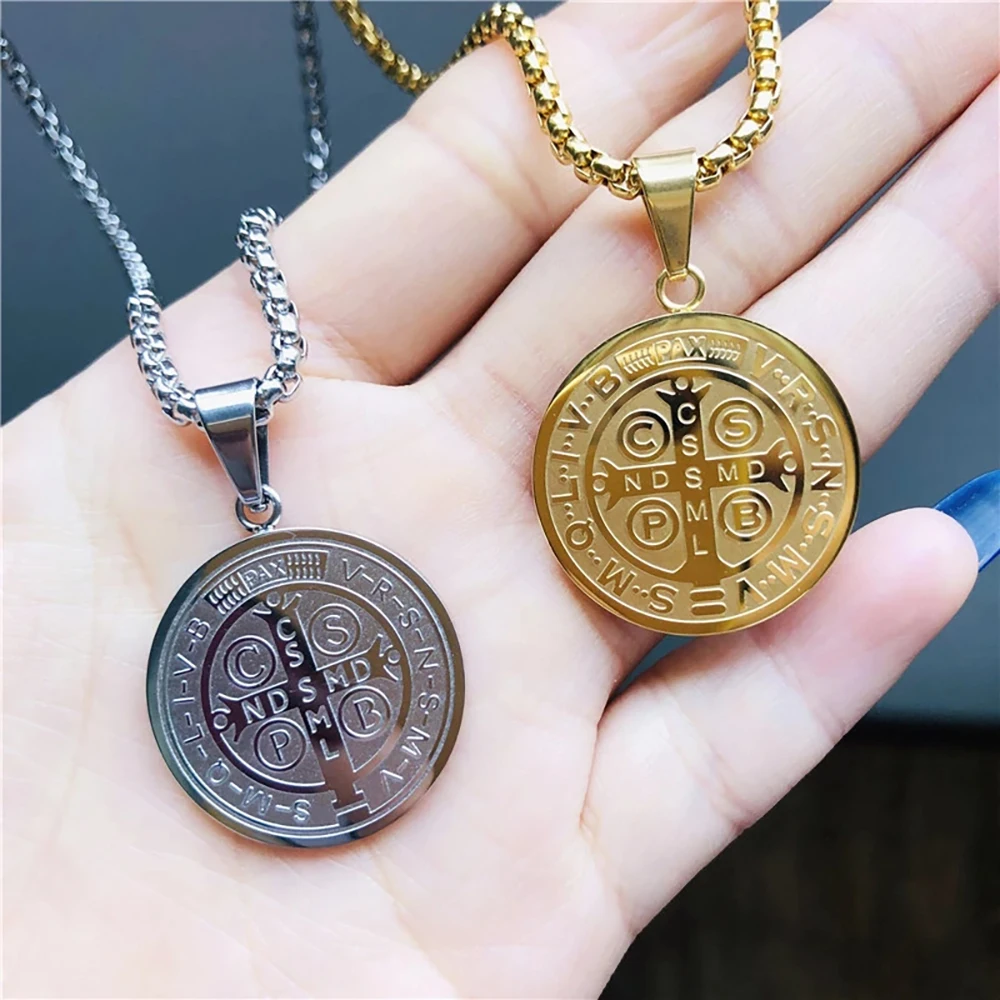 FINE4U N859 Stainless Steel Saint Benedict Medal Necklace for Catholic Jewelry Religious Protection Necklaces for Men