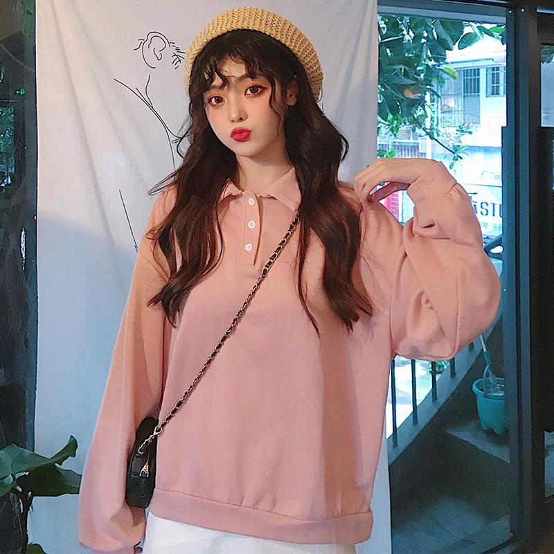 Skup MinuoYi 2019 jesienne zimowe bluzy koreański stałe Polo kobiety koszula przyciski luźne w stylu boyfriend bluza damska swetry