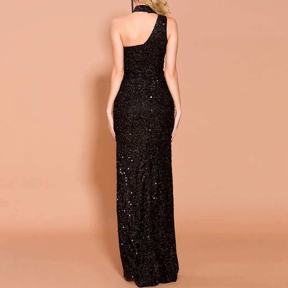 Женское асимметричное платье на бретельках с блестками для выпускного вечера