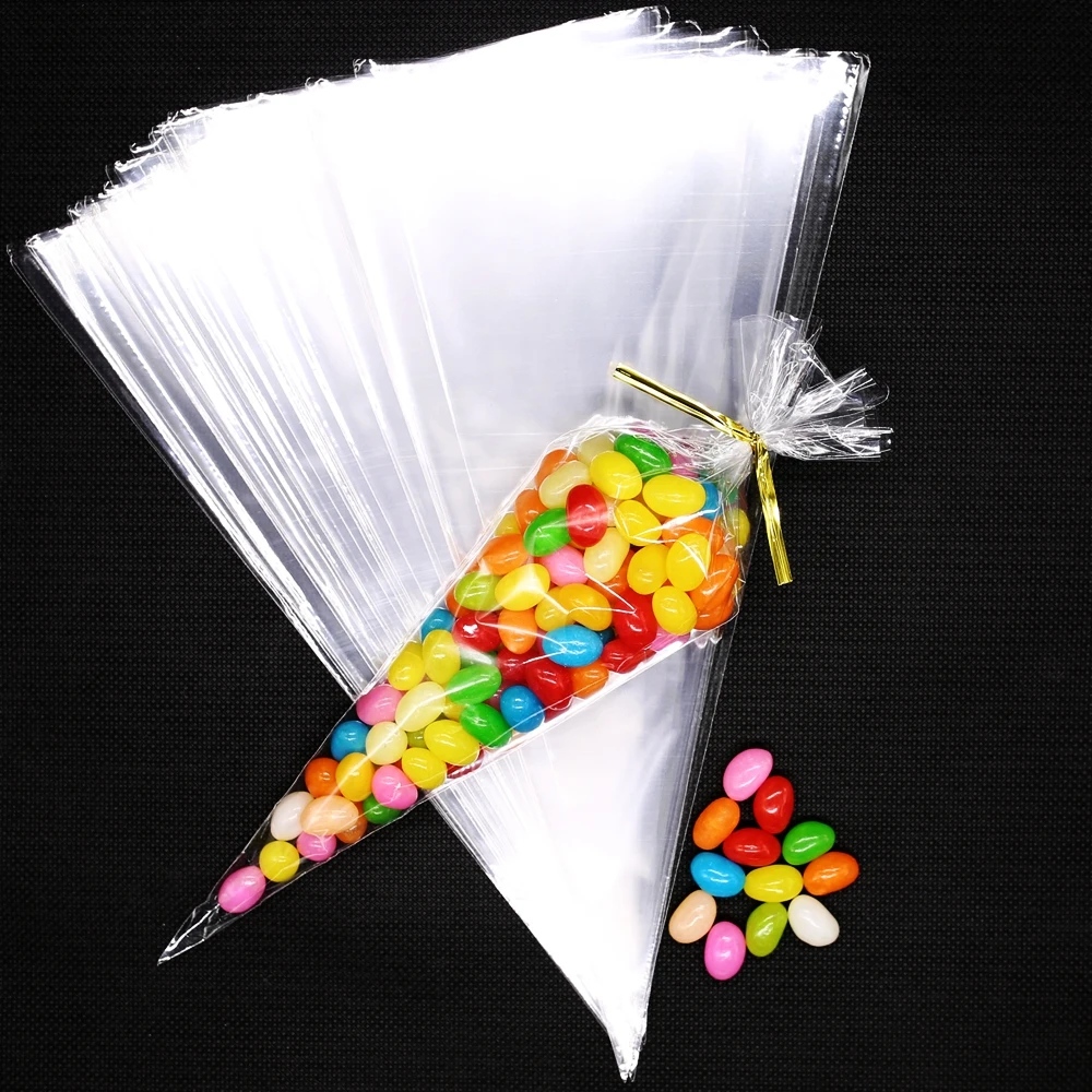 100pcs Transparent Candy Bag Plastic Triangle Food Bags Christmas Party Supply 