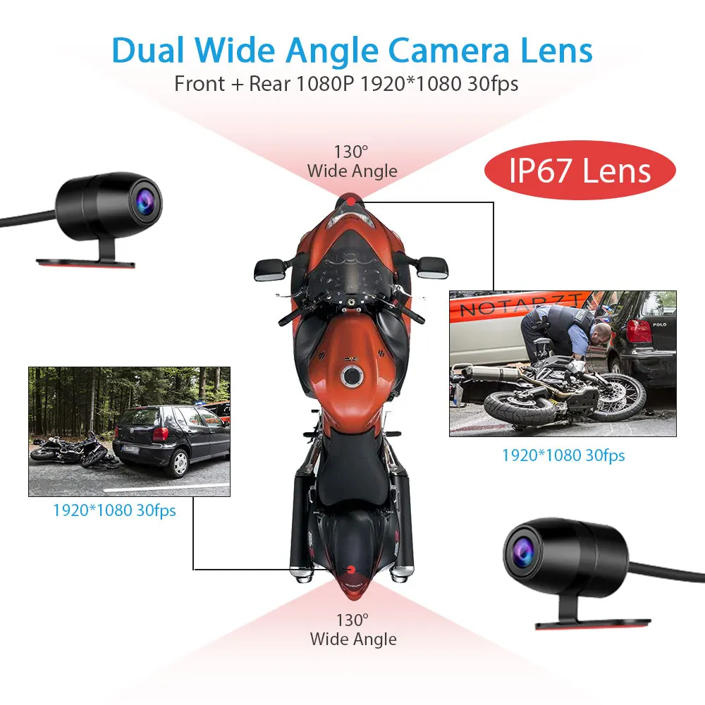  Waterproof Dual Motorbike Action Camera Recorder DVR HD 1080P Front and Rear View Motor Electronics