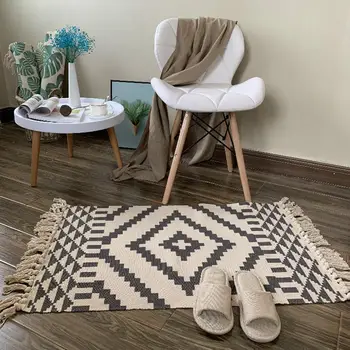 

Retro Nordic Style Cotton Linen Tassel Woven Carpets Floor Rugs Prayer Mattress for Bedroom Decoration