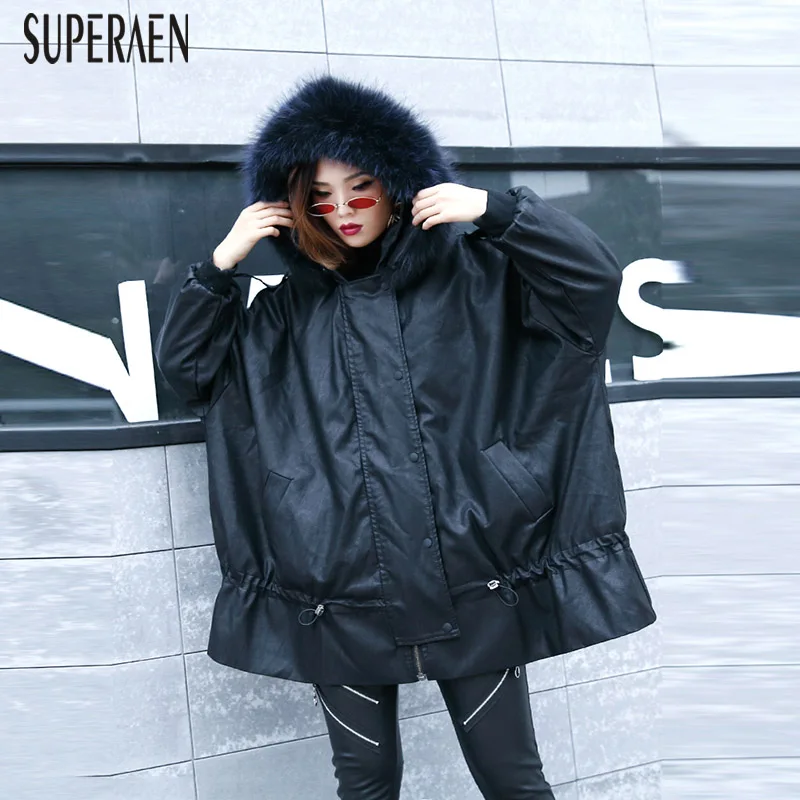 SuperAen/теплые парки из кожи; Новинка года; Осенняя теплая парка с капюшоном; пальто большого размера; повседневная женская одежда