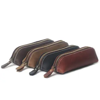 

Handmade Genuine Leather Pencil Bag Vintage Retro Style Cowhide Zipper Pen Case School Bag Glasses Case Office Stationery Gift
