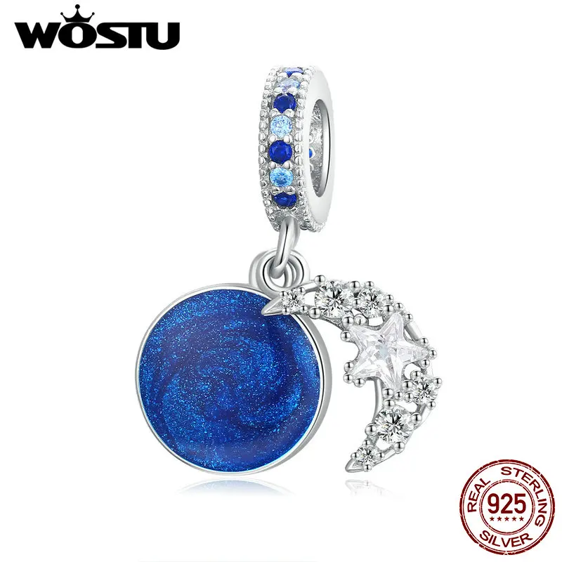 WOSTU Star & Moon Подвеска из стерлингового серебра 925 пробы с эмалью и синим цирконием кулон бисера подходит для