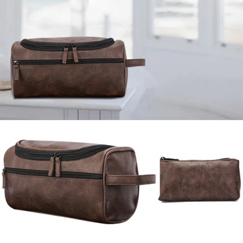 

Portable Faux Leather Toiletry Bag With Hook Organizer For Men Women Hanging Travel Kit and Shaving Cosmetic Bag