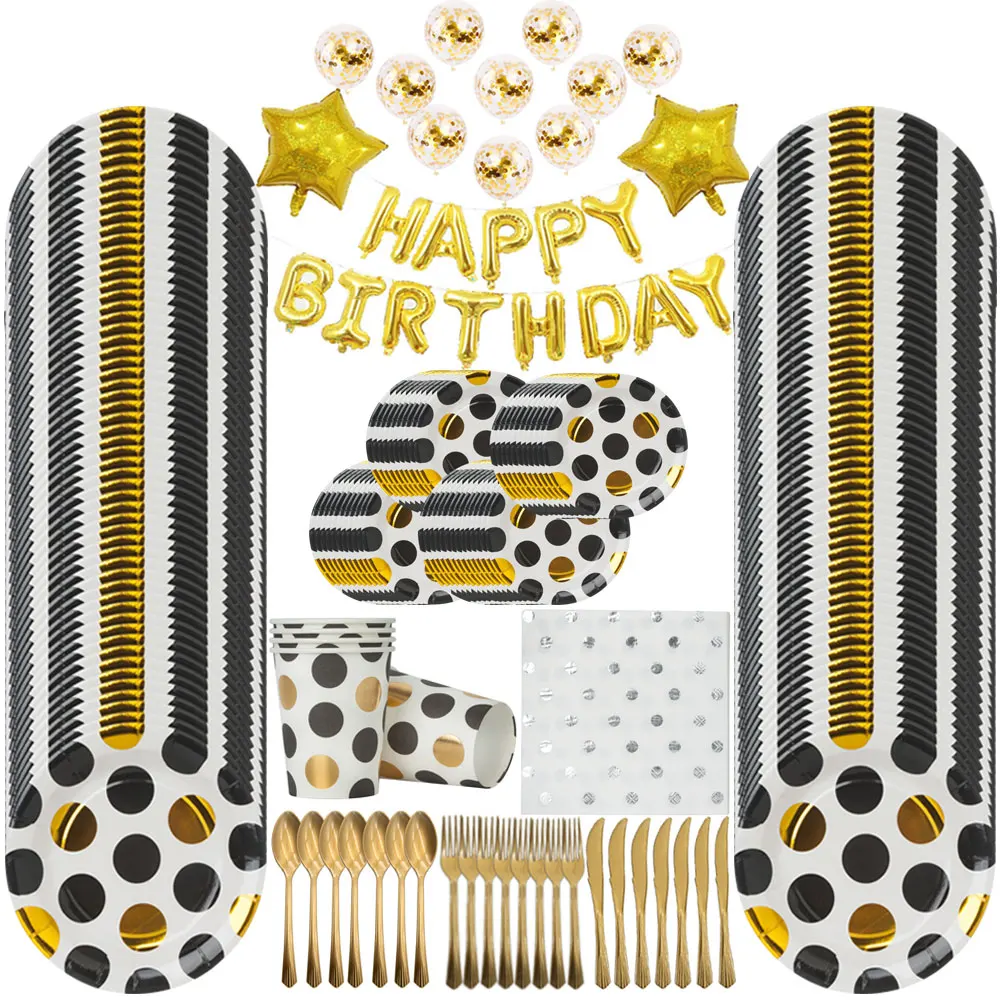 

Black Gold Dot Style Adult Birthday Party Supplies Plates Cup Napkin Disposable Tableware Fork Knife Spoon Wedding Party Decorat