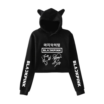

2019 new Blackpink Kpop Hoodie Women Summer Cat Crop Top Hoodies Pullovers Women Summer Tops Streetwear Hooded Sweatshirt Female