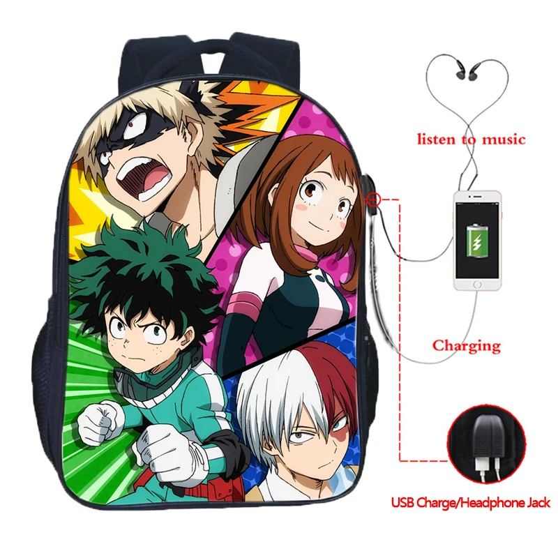 1 Рюкзак Boku No Hero Academy с usb-зарядкой, рюкзак с двойным карманом, школьный рюкзак Mochila для мужчин и женщин, повседневный рюкзак для девочек и мальчиков - Цвет: 1