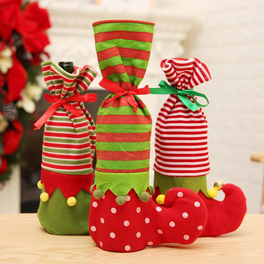 

Christmas Cartoon Elf Red Wine Bottle Holders Cover Bags Kids Candy Gifts Bags Decoration Home Party Table Decor Supplies