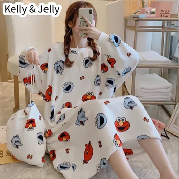 

2019 autumn/winter collection of chunky flannel cute girly nightdress cartoon printed coral velvet dress with free storage bag