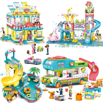 

Friends Lighthouse Beach House Camper Van Summer Fun Water Park Pool Party Building Blocks Cartoon Brick Toys for Children Girls