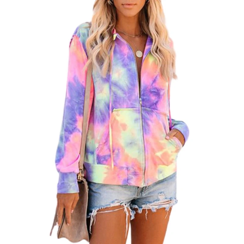 Women Long Sleeve Hooded Coat Neon Colorful Tie-Dye Print Full Zip Up Sweatshirt Casual Loose Drawstring Jacket Pockets | Женская одежда