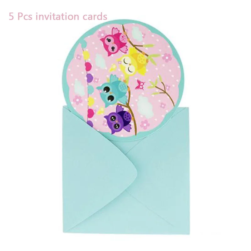 5 Pcs cards Розовая сова, Детская одноразовая посуда для вечеринки, принадлежности для дня рождения, бумажная тарелка, чашка с салфеткой, papier jetable - Цвет: 5 Pcs cards
