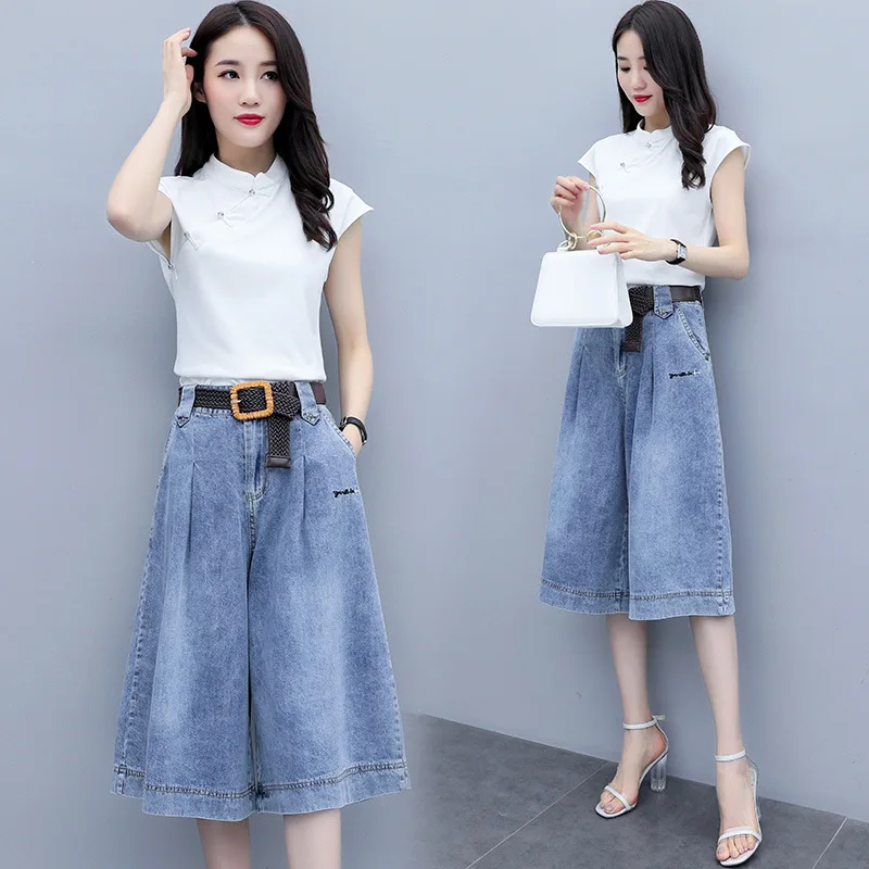

Jeans + Tops Two-Piece Set Western Style Online Celebrity 2019 Summer New Style Chinese Style WOMEN'S Dress Chinese Costume Loos