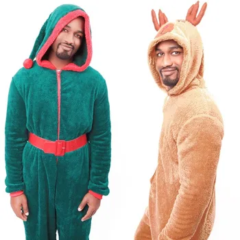 

Men's Christmas Tree Elf Cosplay Costume for Christmas Theme Party Hooded Coral Velvet Jumpsuit Homewear Outfit