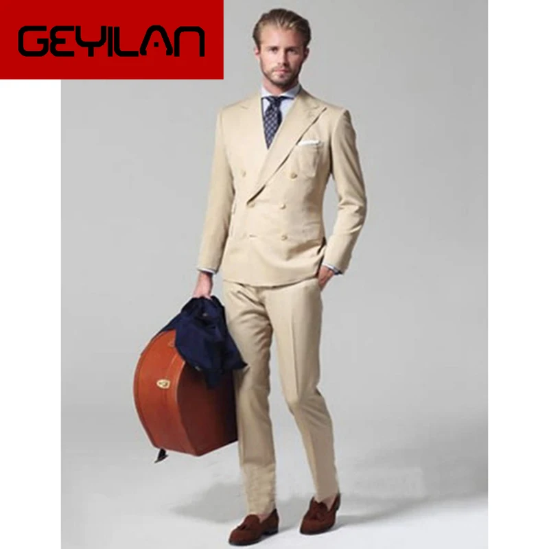 

2019 Double Breasted New Custom Made Mens Suits Peak Lapel Three Pockets Costume Homme Slim Colote men suit (Jacket+Pants)