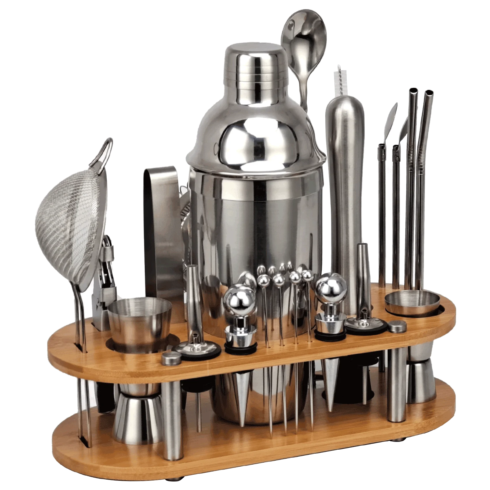 Cocktail Shaker 23-Piece Cocktail Shaker Set Bartender Kit with Oval Bamboo Stand Detachable Home Bar Tools Stainless Steel