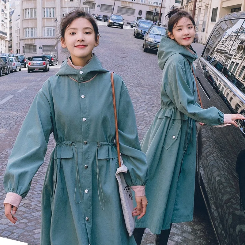 

Photo Shoot Korean-style INS-Style Contrast Color Hooded Shirred Waist Hugging Trench Coat Women's Lantern Sleeve Large Skirt He