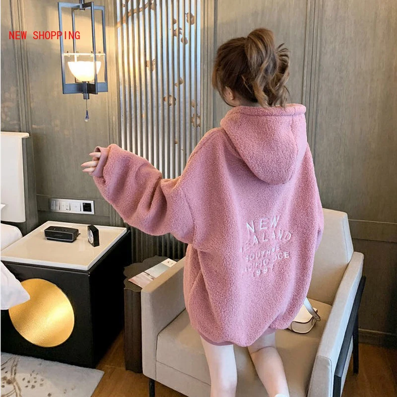 

Winter Women's Hoodies Female Lambswool Sweatshirt Oversize Letter Embroidery Warm Hooded Tops Tracksuit Loose Sportswear Coat