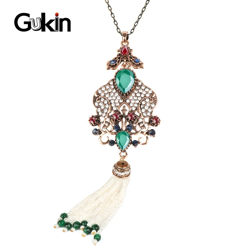 Gukin Jewelry 2020 New Boho Tassel Necklace Gold Color Crystal Flower Pendant Vintage Wedding Women's Long Beads | Украшения и