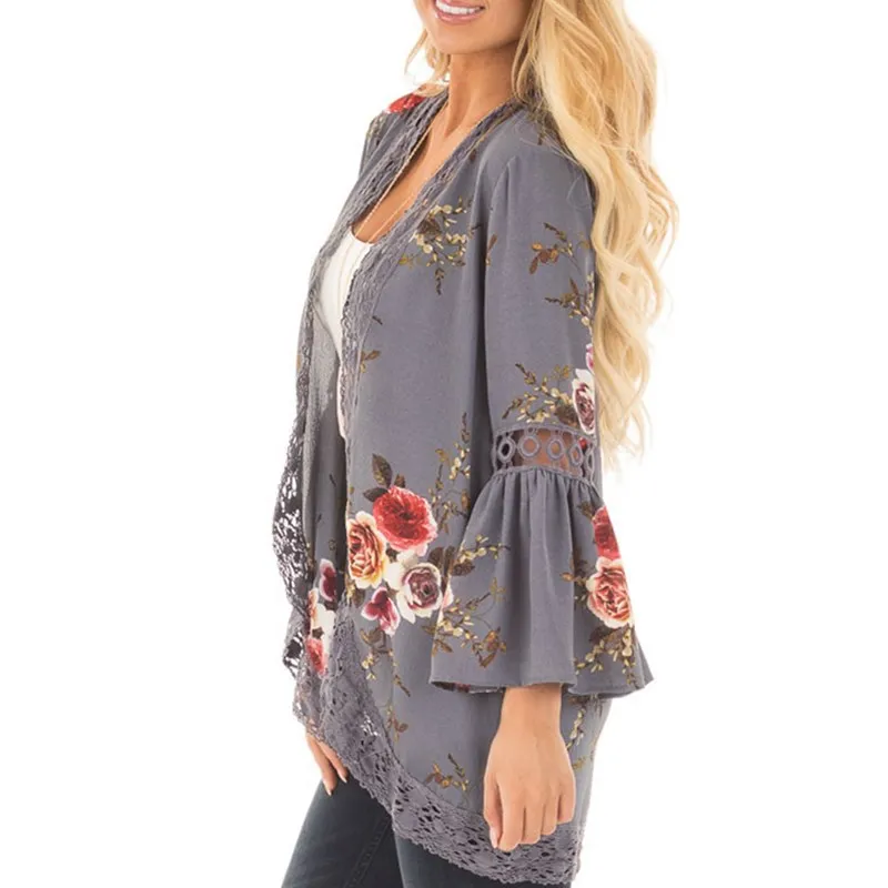 Gray Wuhaobo осень Boho Женская куртка с кружевными расклешенными длинными рукавами тонкая Повседневная открытая стежка Топы модная женская одежда рубашка пальто - Цвет: Gray