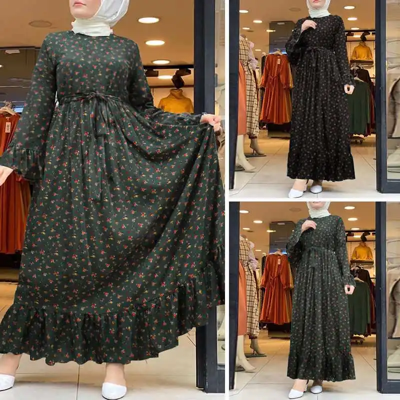 Women Muslim Long Dress Loose Robe Casual Print Maxi Sundress ZANZEA Spring Ladies Long Vestidos Bandage turkish Clothing