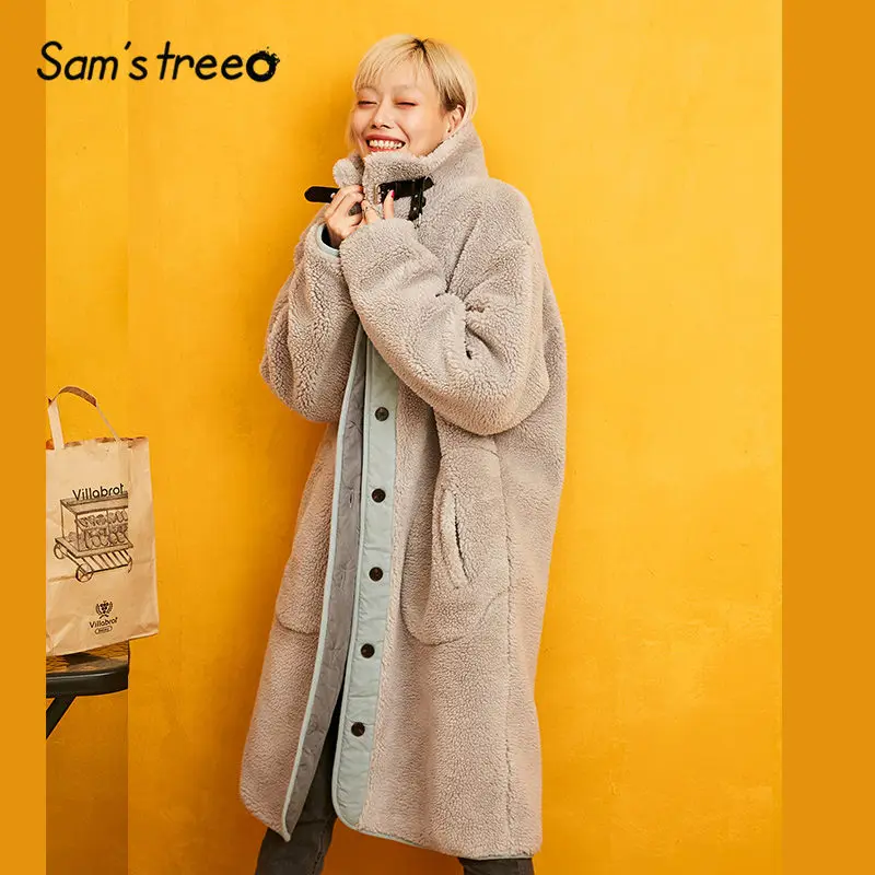 SAM'S TREE/серое однотонное лоскутное прямое флисовое Стеганое теплое пальто для женщин зимняя Свободная Женская верхняя одежда со стоячим воротником