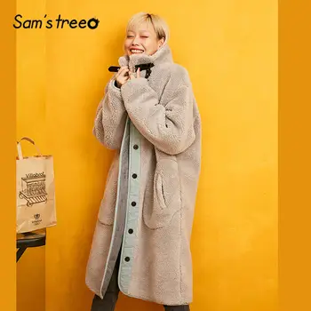 

SAM'S TREE Gray Solid Patchwork Straight Fleece Padded Warm Coat Women 2019 Winter Stand Collar Locomotive Loose Female Outwears