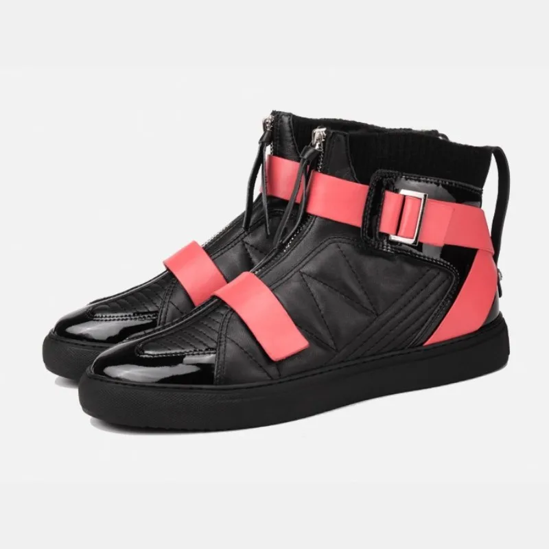 Mens Winter High Top Sneakers Sheepskin Cross Strap Genuine Leather Spliced Casual Footwear Flats Zipper Designer Trainer Shoes