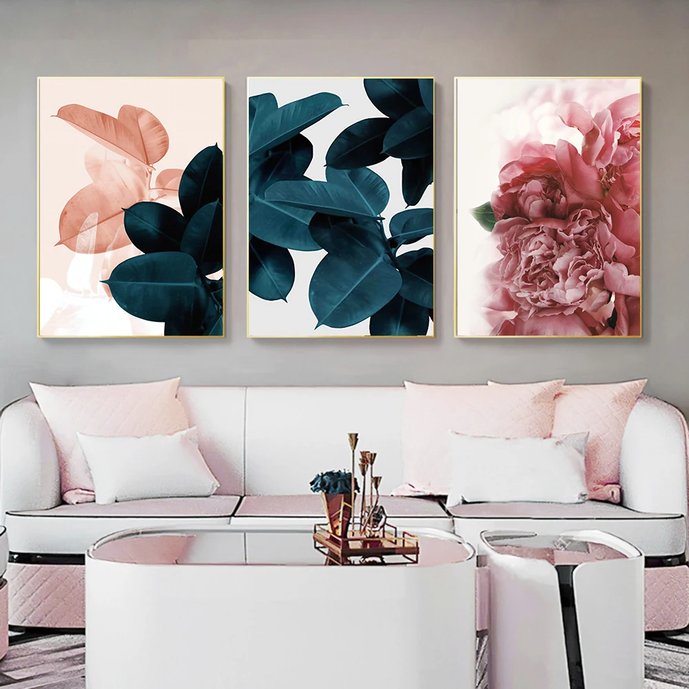 Постер DDHH в скандинавском стиле с изображением розовых зеленых цветов и листьев