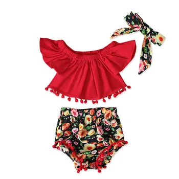 

Baby children's clothing European and American summer girls short-sleeved strapless solid color shirt + floral bow bow boutique