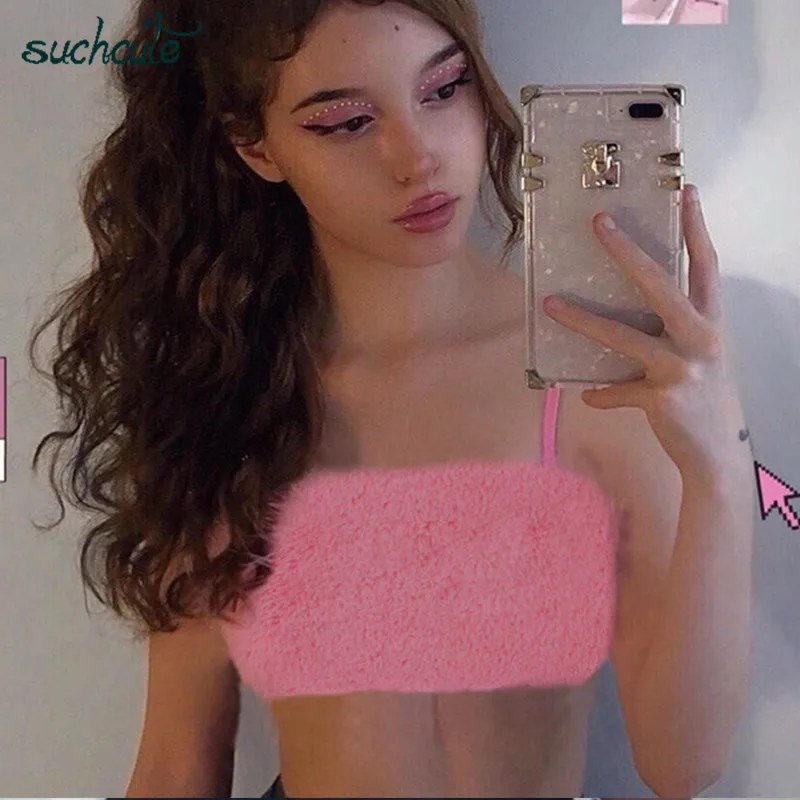 SUCHCUTE/женские футболки с кожаным мехом, Топ без бретелек, укороченный топ, осень, Harajuku Mew, модные женские топы в Корейском стиле