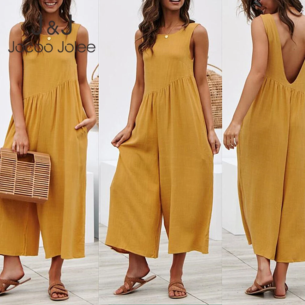 

Jocoo Jolee Women Summer Backless Pockets Wide Leg Jumpsuits Casual Sleeveless Loose Jumpsuits Cotton Linen Oversized Trousers