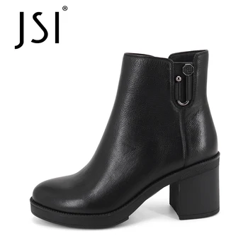 

JSI Winter Women Boots Mid-Calf Genuine Leather Solid Shoes Round Toe Square Heel Basic High Heel Handmade Boots Women JC351