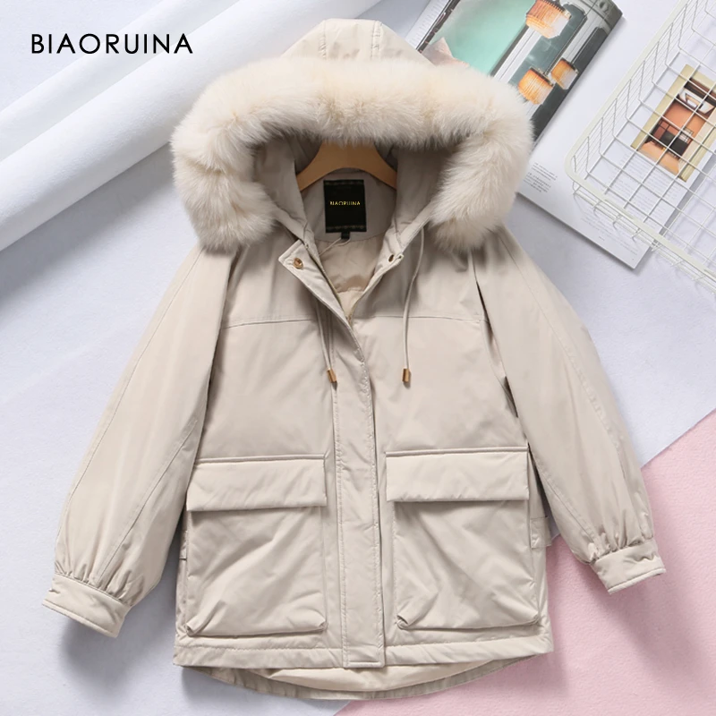 BIAORUINA 4 Colors Women's Safari Style Fox Fur Hooded Jacket Winter Warm Thick Female Sweet Down Coat New Fashion |