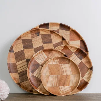 

Solid Wood Tray Color Matching Round Multifunctional Food Disc Tableware Plate Hotel Service Household Kitchen Storage Supplies