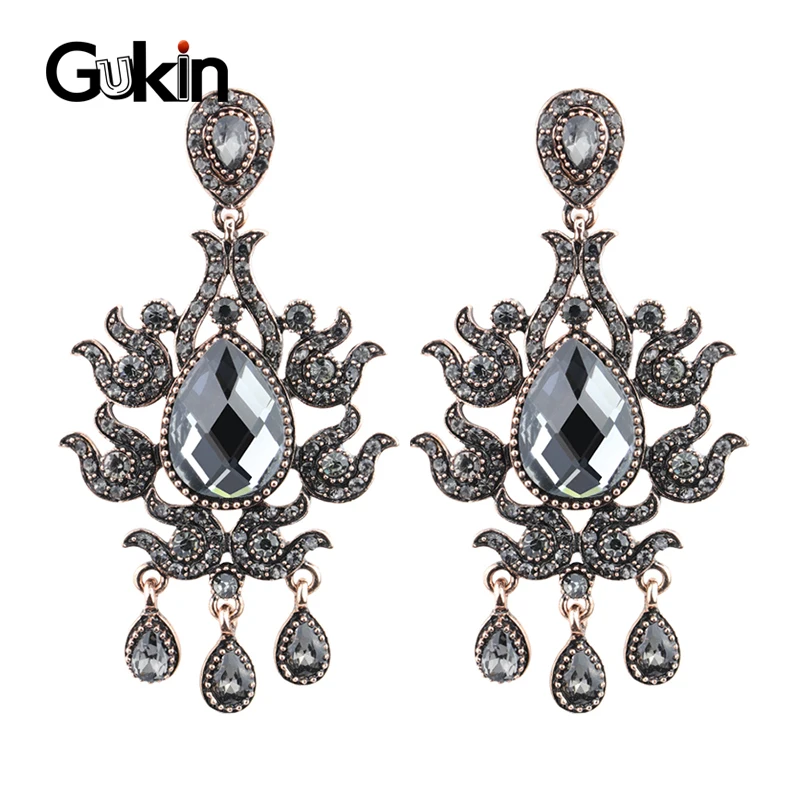 Gukin Luxury Palace Unusual Crystal Flower Women's Earrings Antique Gold Color Marriage Drop Boho Jewelry Trend 2020 | Украшения и