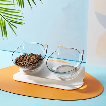 

Non-slip Cat Double Bowl with Raised Stand Food and Water Bowls Transparent AS Material Protection Cat Cervical Pets Feeders