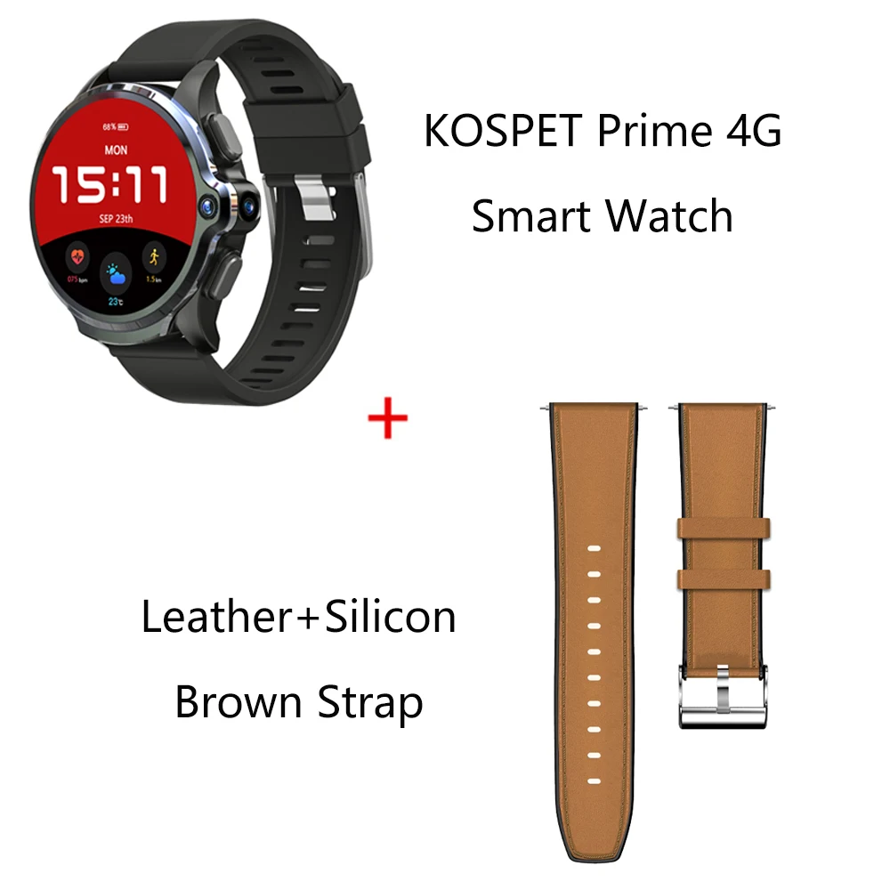 Add Brown Strap Смарт-часы KOSPET Prime 4G, телефон с функцией распознавания лица, разблокировка, 3 ГБ ОЗУ, 32 Гб ПЗУ, ips экран, для здоровья, спорта, Android, две камеры, умные часы - Цвет: Add Brown Strap