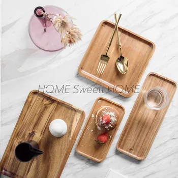 

Acacia Wooden Plate Bread Dessert Cake Dishes for Home and Kitchen Vintage Plates Square Tea Tray Dinner Tableware