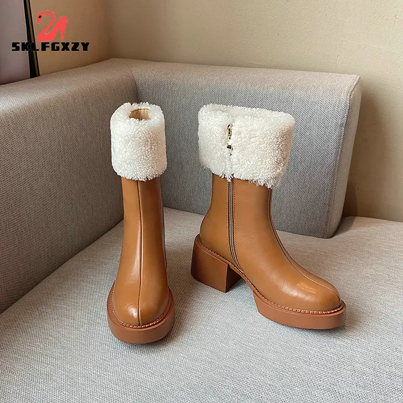 

2021 Winter Women Genuine Leather Snow Boots Wool Thick High Heel Ladies Platform Boots Warm Shoes