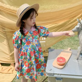 

baby girls clothes 2020 summer cotton Retro flower print colorful sweet short-sleeved dress kids clothes