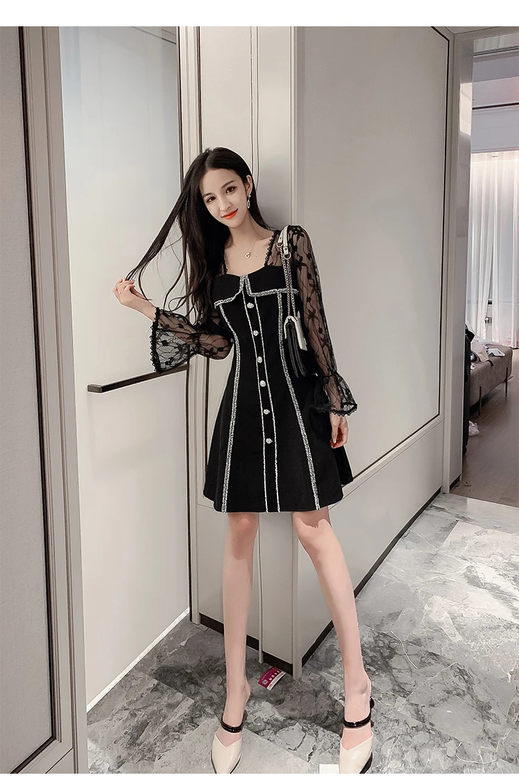 Корейский стиль, кружевное лоскутное осеннее платье, женское тонкое платье на пуговицах для офиса с длинным рукавом, элегантное милое OL шикарное черное платье, Femme s-xl