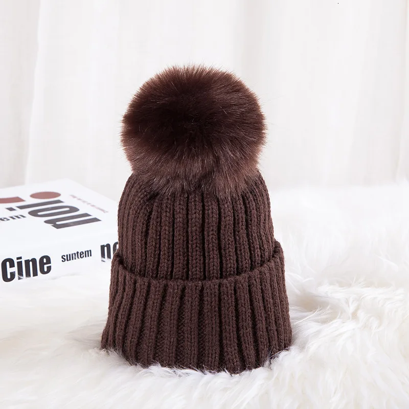 Меховая помпон зимняя шапка Skullies Beanies теплая шапка эластичные трикотажные лыжные шапочки детские меховые шапки с помпоном для девочек и мальчиков